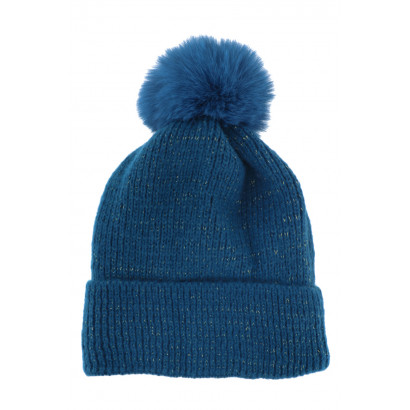 KNITTED HAT WITH TURN UP AND POMPON