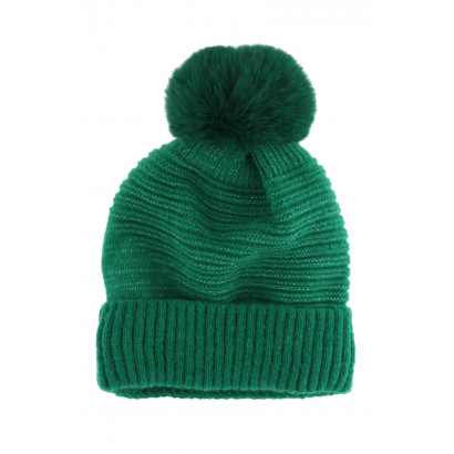 KNITTED HAT WITH TURN UP AND POMPON