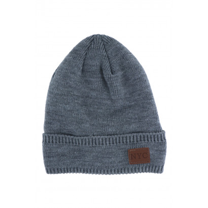 KNITTED HAT SOLID COLOR WITH N.Y.C PATCH