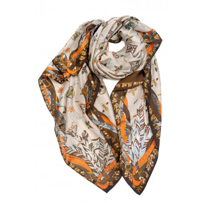 POLYSILK SCARF WITH FLOWERS AND FEATHERS