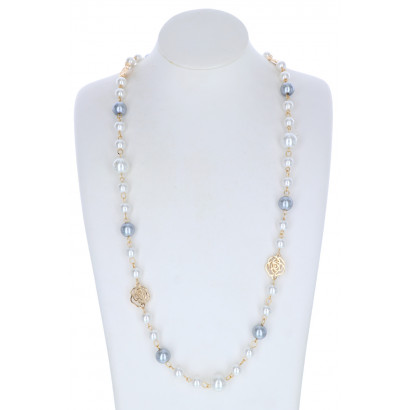 NECKLACE WITH PEARLS & METALIC FLOWERS