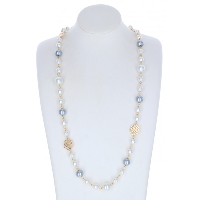 NECKLACE WITH PEARLS & METALIC FLOWERS