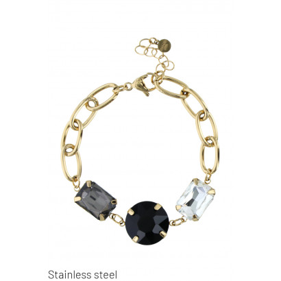 STAINLESS STEEL BRACELET WITH SQUARE, ROUND STONES