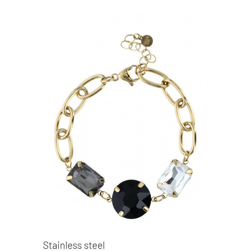 STAINLESS STEEL BRACELET WITH SQUARE, ROUND STONES