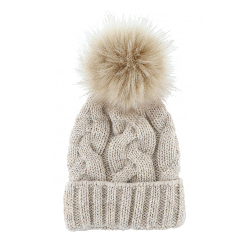 CABLE KNITTED HAT WITH POMPON IN FAKE FUR