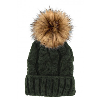 CABLE KNITTED HAT WITH POMPON IN FAKE FUR