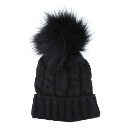 CABLE KNITTED HAT WITH POMPON IN FAKE FUR