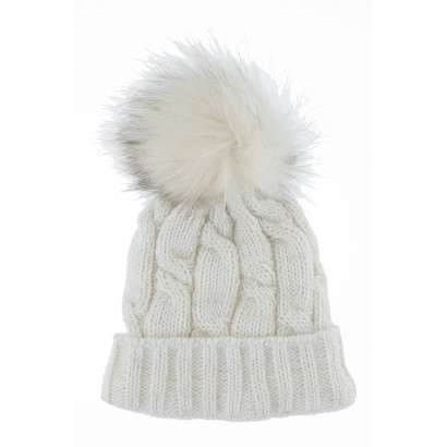 CABLE KNITTED HAT WITH POMPON IN FAKE FUR