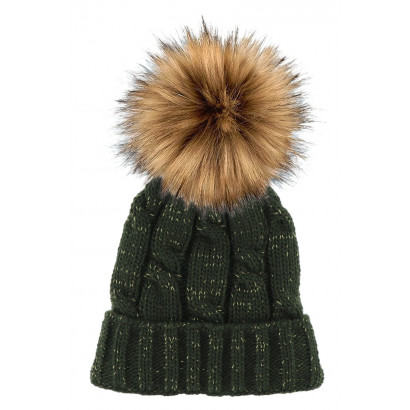 CABLE KNITTED HAT WITH POMPON IN FAKE FUR