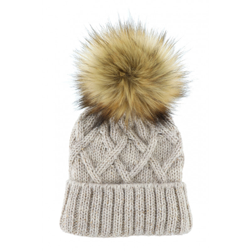 CABLE KNITTED HAT WITH POMPON IN FAKE FUR