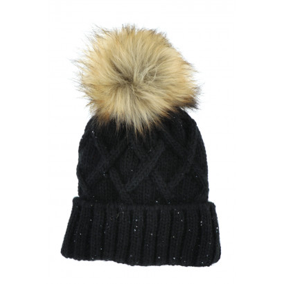 CABLE KNITTED HAT WITH POMPON IN FAKE FUR