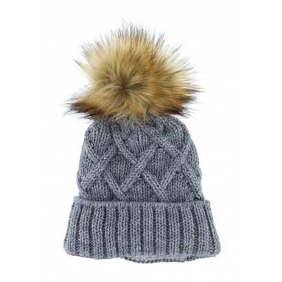 CABLE KNITTED HAT WITH POMPON IN FAKE FUR