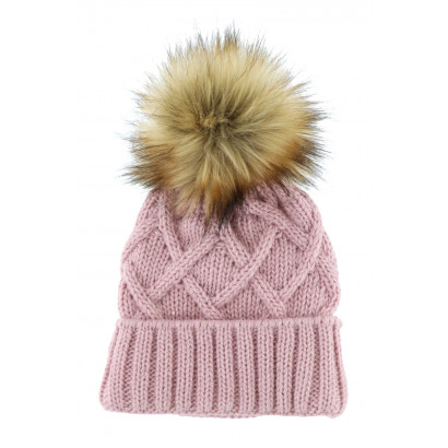 BONNET TRICOTE TORSADES AVEC POMPON FAUSSE FOURRUR