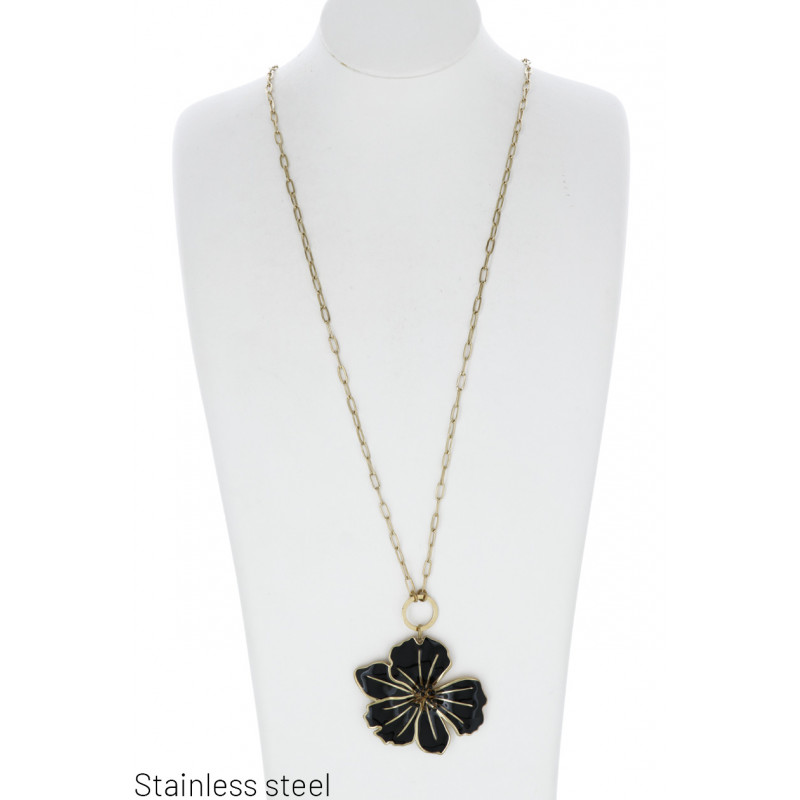 ST. STEEL THICK LINK NECKLACE WITH FLOWER PENDANT