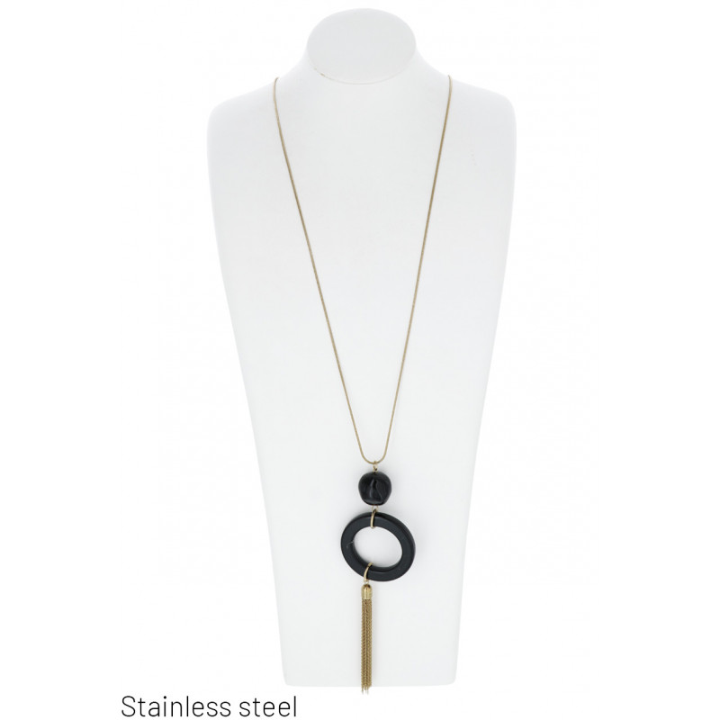 STEEL NECKLACE WITH ROUND SHAPE PENDANT AND TASSEL