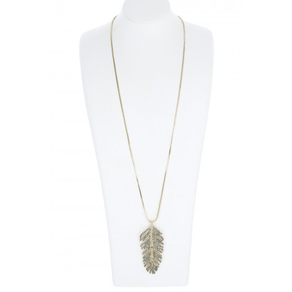 LONG CHAIN NECKLACE WITH FEATHER, RHINEST. PENDANT