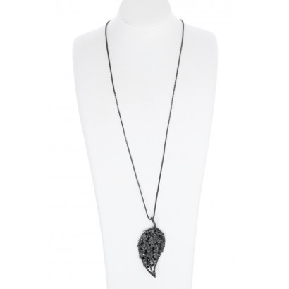 COLLIER A LONGUE CHAINE, PENDENTIF FEUILLE, STRASS