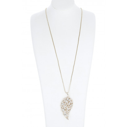 LONG CHAIN NECKLACE WITH LEAF, RHINESTONES PENDANT
