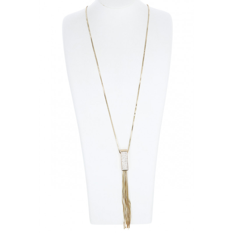 COLLIER LONG, PEND. RECTANGULAIRE, STRASS, FRANGES