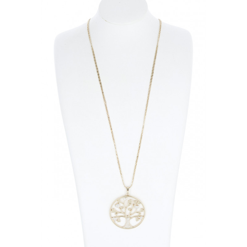 LONG CHAIN NECKLACE WITH TREE OF LIFE PEND., STRAS