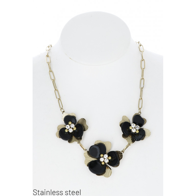 COLLIER EN ACIER AVEC PENDENTIF FLEUR ET STRASS