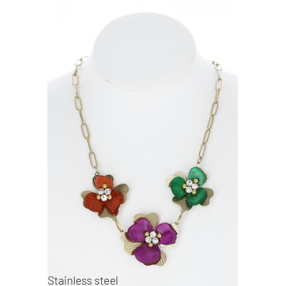 STAINL.STEEL NECKLACE WITH FLOWER & RHINESTONES