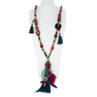 NECKLACE WITH BEADS, CHARMS & TASSELS PENDANT