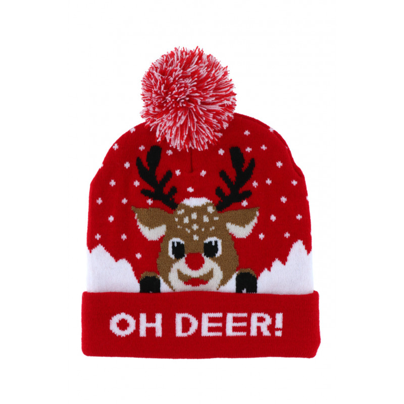 KNITTED HAT WITH DEER, SNOWFLAKES AND POMPOM