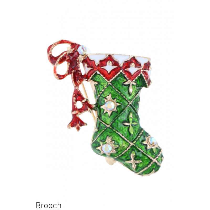 BROOCH WITH CHRISTMAS SOCK AND RHINESTONES