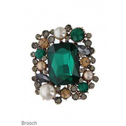 BROOCH WITH RECTANGULAR FACETED STONE & PEARLS