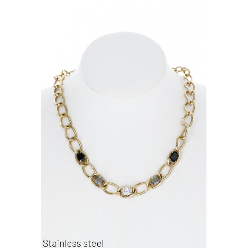 ST. STEEL THICK LINK NECKLACE WITH RHINESTONES
