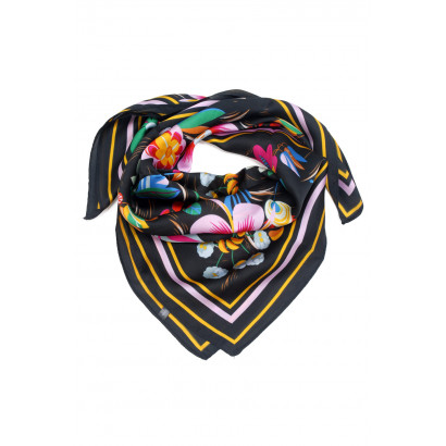 SQUARE POLYSILK SCARF WITH FLOWERS PATTERN