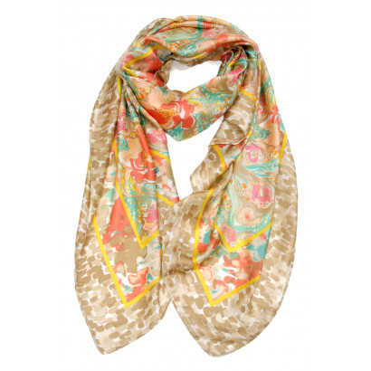 POLYSILK SCARF WITH FLOWERS AND ABSTRACT PATTERN