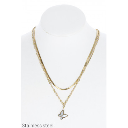 STAINL.STEEL 2 ROWS NECKLACE WITH BUTTERFLY, NACRE