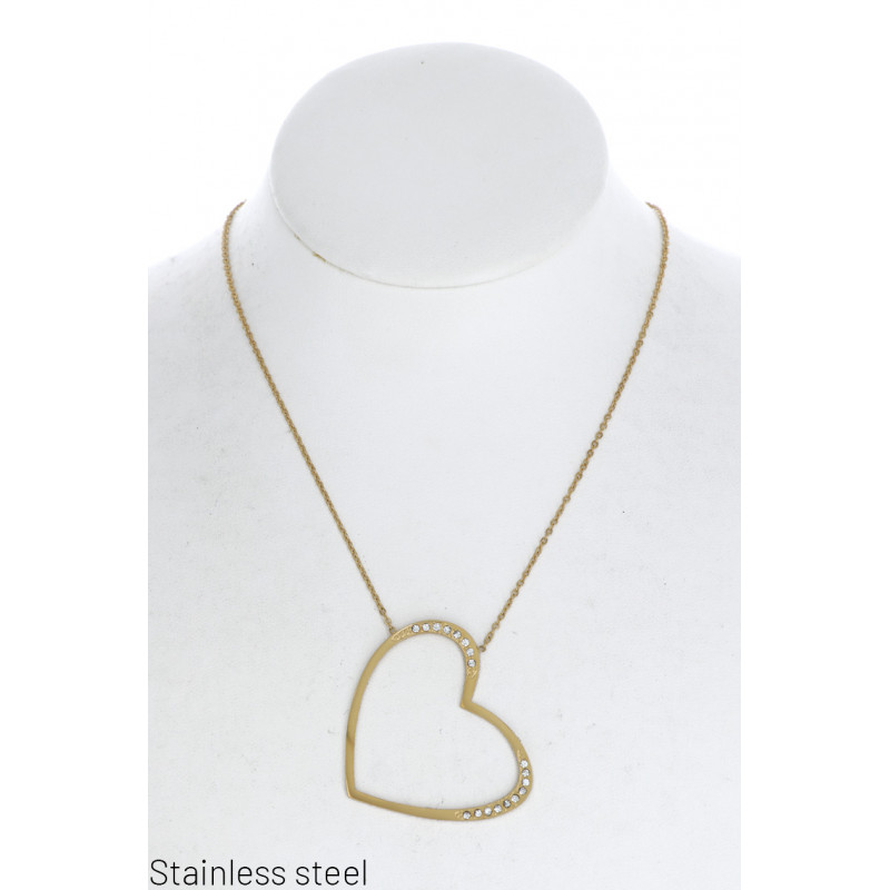 STAINL.STEEL NECKLACE WITH HEART PENDANT & RHINEST