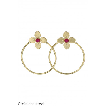 STEEL EARRINGS CIRCLE SHAPE WITH FLOWER AND BEAD