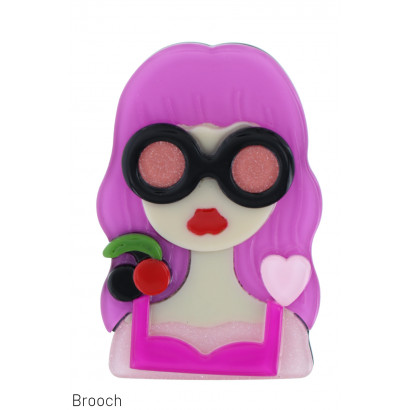 BROOCH WITH LADY WITH SUNGLASSES, FRUITS, HEART