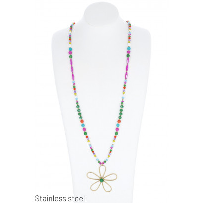 BEADS NECKLACE WITH STEEL FLOWER PENDANT