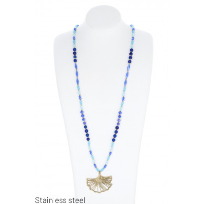 BEADS NECKLACE WITH STEEL GINKO LEAF PENDANT
