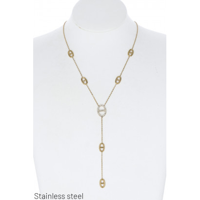 STAINL.STEEL NECKLACE WITH PENDANT LINKS, STRASS