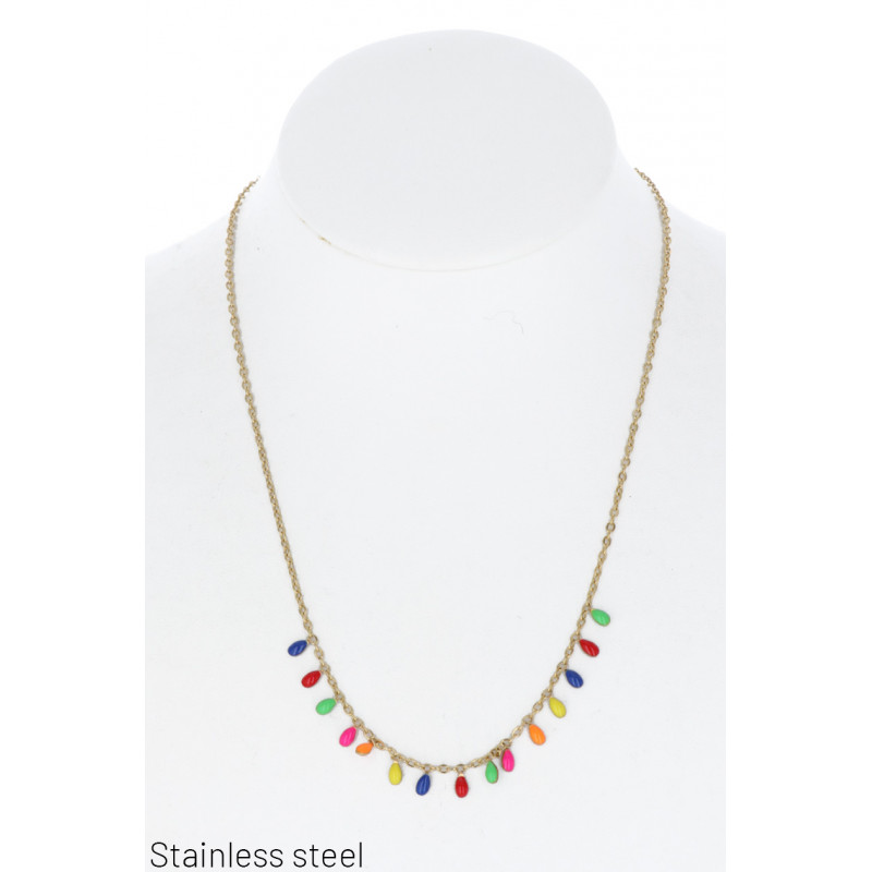STEEL NECKLACE WITH COLORED DROP SHAPE PENDANT