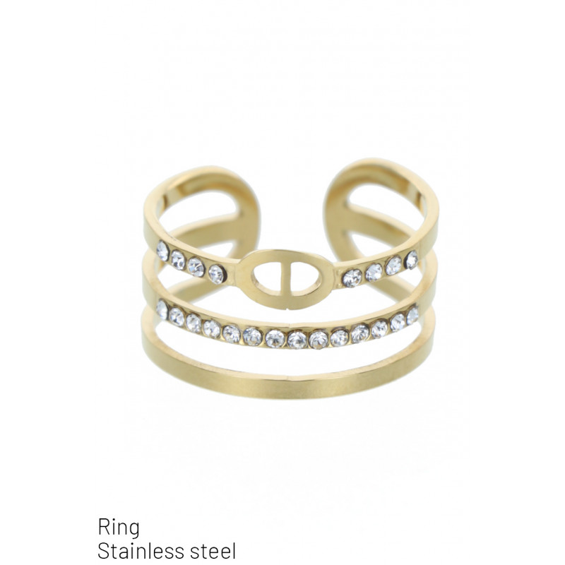 RING STAINLESS STEEL, 3 ROWS WITH RHINESTONES
