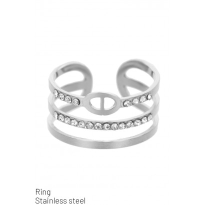 RING STAINLESS STEEL, 3 ROWS WITH RHINESTONES