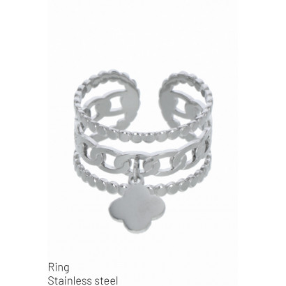 RING ST. STEEL, 3 ROWS BRAIDED, FOUR LEAF CLOVER