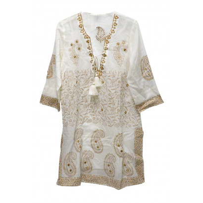 COTTON TUNIC WITH EMBROIDERY, BEADS AND TASSELS
