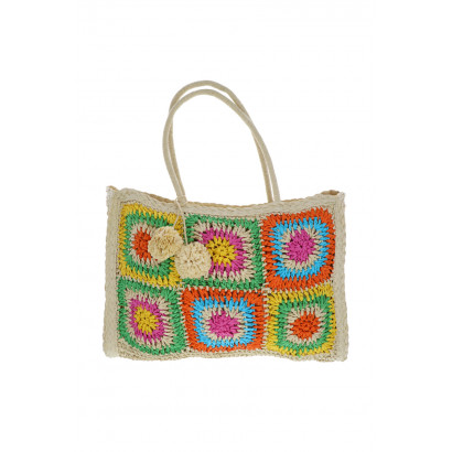 CROCHETED TOTE BAG WITH FLOWERS PRINT, POMPOMS