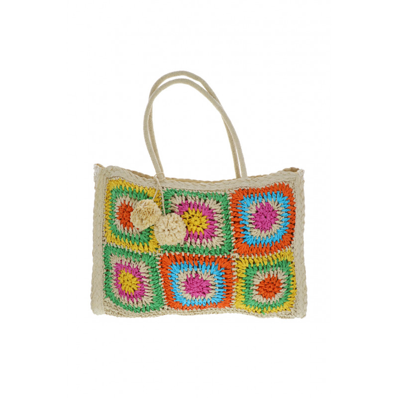 SAC FOURRE TOUT CROCHETE, IMPRIME FLEURS, POMPONS