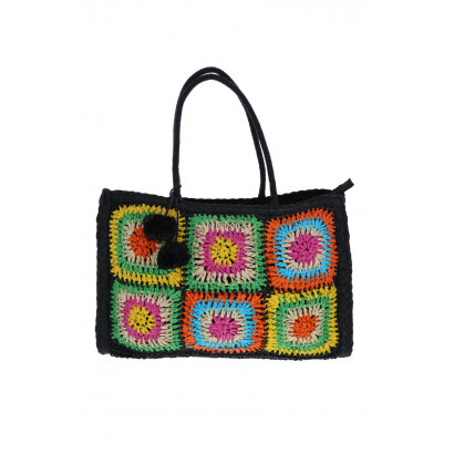 SAC FOURRE TOUT CROCHETE, IMPRIME FLEURS, POMPONS