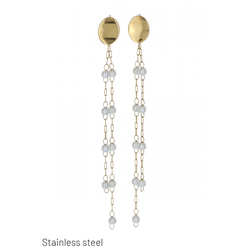 BOUCLES D'OREILLES ACIER AVEC CHAINE ET PERLES