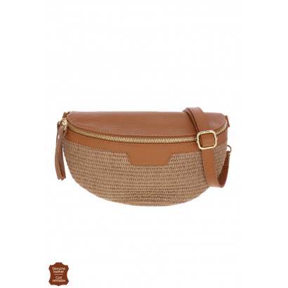 JOY, SAC BANANE CUIR, COULEUR UNIE, RAPHIA TRESSÉ